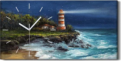 A painting of a lighthouse on a rocky coast at night, with waves crashing against the shore. A clock face is superimposed on the painting.