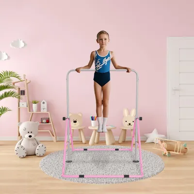 Produktbild von YZNAHRE Reckstange Indoor für Zuhause mit 2 Gymnastikringe Faltbare Turnreck Reckstange Höhenverstellbar 91-133 cm Gymnastikstange für Kinder, Rosa