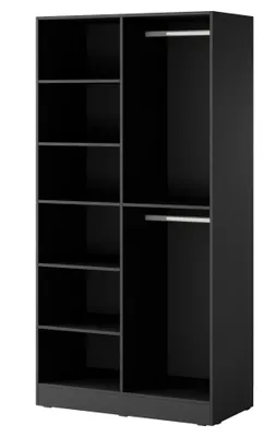 An open black wardrobe with shelves on the left and a hanging rail on the right.