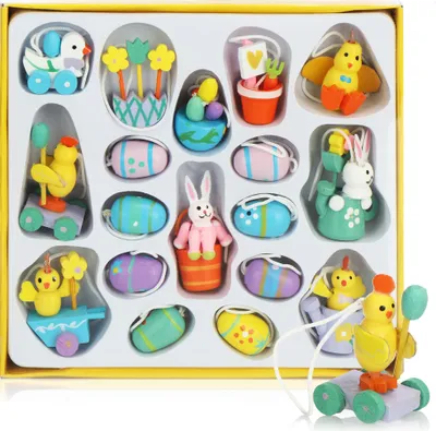 Produktbild von com-four® 18-teiliges Set Holzfiguren Ostern bis 4 cm - Osterschmuck aus Holz - Holzfiguren für den Osterstrauch zum Anhängen