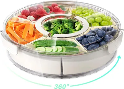 Produktbild von Snackbox mit Deckel, Snackbox Kinder mit 6 Fächern Auslaufsicher, Rund Snackbox 360° Drehbar, Tragbar Snackbox Obstbox Snackdose