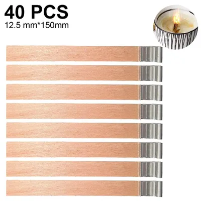 Obrázek produktu pro Sada 40 dřevěných knotů, přírodní knoty bez kouře s železným držákem pro výrobu svíček.