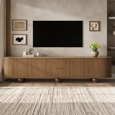 Immagine prodotto di Mobile TV Merax con ante scorrevoli, mobile TV con effetto lamelle scanalate verticali, mobile TV con sistema di gestione dei cavi e piedini a sfera, stile retrò, noce