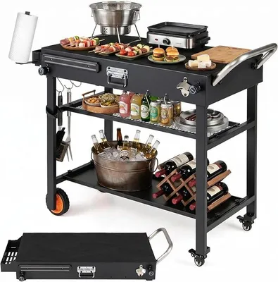 Productafbeelding van Grillwagen voor buiten, inklapbare grilltafel, metalen serveerwagen | Pizzatafel met wielen, werkblad van 86,5 x 46 cm, met haken en 3 plateaus, weerbestendige bijzettafel voor de barbecue, geschikt voor tuinfeesten