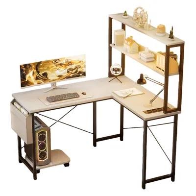 Obrázok produktu pre AIORBER Herný stôl v tvare L s LED osvetlením, USB a elektrickou zásuvkou, veľká polica, obojstranný, 148 cm, biely