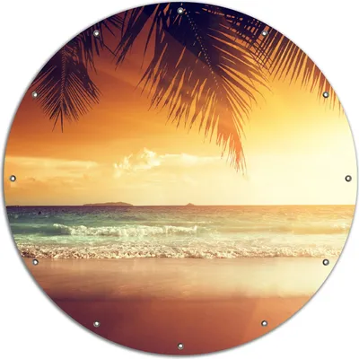 Produktbild von Wallario rundes Outdoor-Poster für Garten oder Balkon, Motiv Sonnenuntergang am Strand in der Karibik, 120 cm Durchmesser