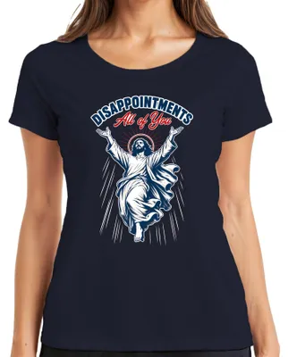 Immagine prodotto di Maglietta da donna, colore blu navy, con la scritta "Disappointments All of You" e l'immagine di Jesus Lustig, tema: cristianesimo, stile meme. Taglia: S
