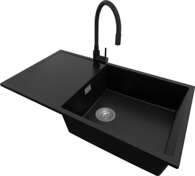 Produktbild von PRIMAGRAN Granitspüle Schwarz 90x50cm, Spülbecken 1 Becken + Küchenarmatur 40x38cm + Ablauf-Set, Küchenspüle ab 60er Unterschrank - Ibiza