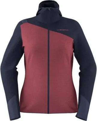 Bristen Thermal Hoody W von La Sportiva; Damenpullover in Rot und Dunkelblau mit Reißverschluss und Kapuze.