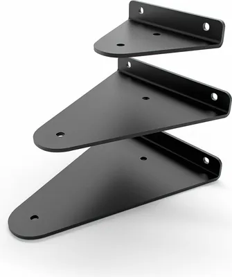 Three black shelf brackets are stacked diagonally on a white background.