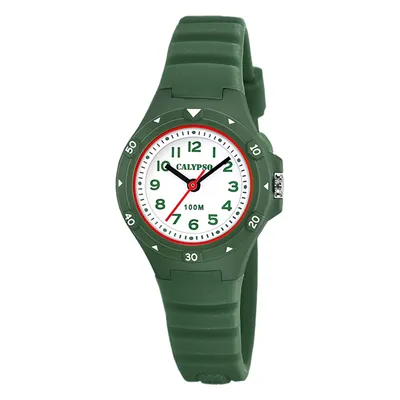 A green digital watch with a white face is shown against a white background.