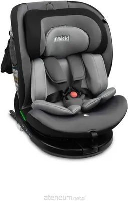 A gray and black child car seat is shown against a white background.