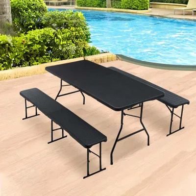 Produktbild von AIORBER 3-teiliges Bierzeltgarnitur Set,2 Bierbänke& 1 Biertisch,Klappbar,Rattanoptik,für bis zu 8 Personen,für Camping,Garten,180x69,5x74,5cm,Schwarz