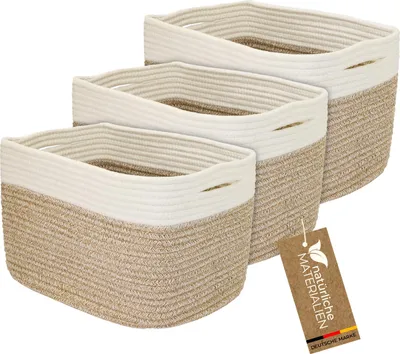 Produktbild von HMF Aufbewahrungskorb mit versteckten Griffen, 3er Set, Korb aus Baumwolle | 37,5 x 25 x 22,5 cm | Weiß-Braun