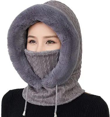 Produktbild von 2 in 1 Wintermützen Strickmütze Warme Mütze Schal Anzug Mütze Winter Strickmütze mit Fleecefutter Damen Winddichte Mütze Kalte Skimütze