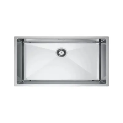 A top-down view of a stainless steel kitchen sink on a white background.