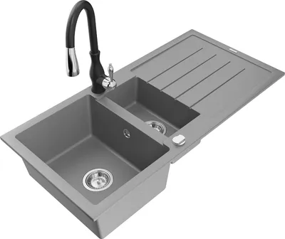 Produktbild von Mexen Andres 1,5-Becken-Granitspüle mit Abtropffläche und Mischbatterie Savita, Grau - 6515-71-672601-70