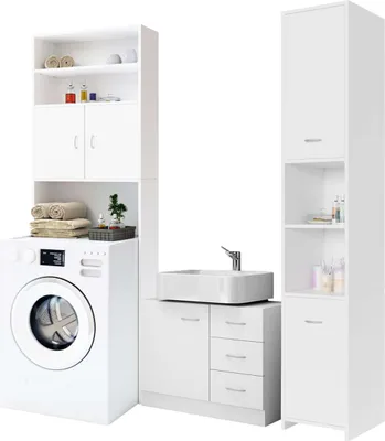 Produktbild von CASARIA® Badmöbel Set 3-tlg Waschbeckenunterschrank mit 3 Schubladen Badezimmerhochschrank Waschmaschinenschrank Badezimmer Stehend Holz Weiß Matt