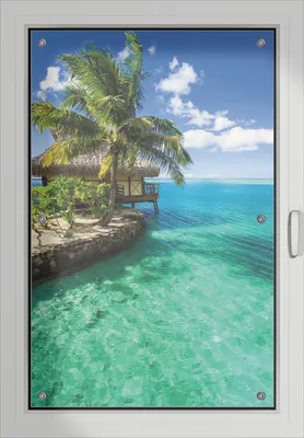 Produktbild von Wallario Lichtschutzbild, Dekorativer Sichtschutz Sonnenschutz 60 x 93 cm mit Motiv: Karibisches Meer  Einsame Hütte unter Palmen - Verdunklung ohne Bohren