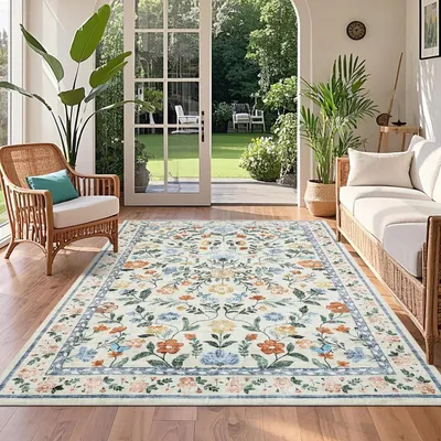 Image de Tapis lavable, 120 x 170 cm, motif floral vert, antidérapant, doux, pour intérieur