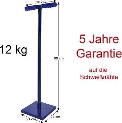 A blue metal tamper with dimensions and weight indicated by text overlays.