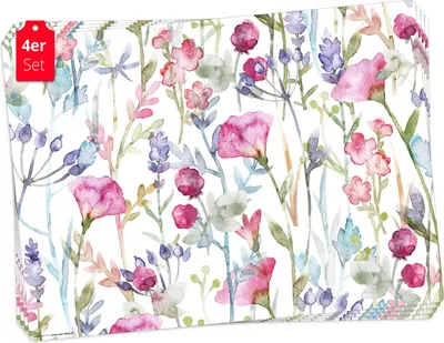 Produktbild von Tischsets | Platzsets abwaschbar – Wildblumen Aquarell – aus Premium Vinyl (Kunststoff – BPA-frei) - 4 Stück - 44 x 32 cm - Germany