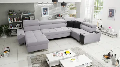 Produktbild von Wohnzimmer Couch Ecksofa MOREN IV MAXI Big Sofa Ottomane Links Eckcouch mit Schlaffunktion Grau Stoff SAWANA 84