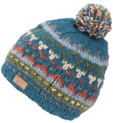 Produktbild von Bommelmütze aus Nepal, Mütze aus Schurwolle, Wintermütze - Petrol/grün, Uni, Blau, Hüte, Mützen