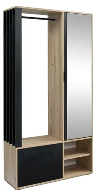 Produktbild von Garderobenschrank mit Spiegel - Artisan Eiche und Schwarz - Kleiderbügel - Ideal für Diele - MILO
