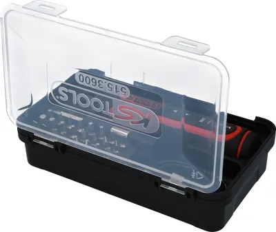 A close-up shot of a black and red KS Tools eMONSTER 1/4" battery-powered bit screwdriver set in its open clear plastic case.
