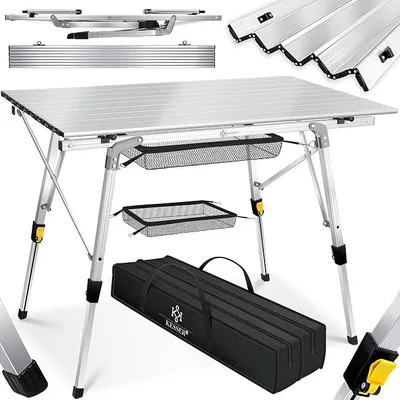 Imagen del producto de Mesa plegable para camping Silecomplaza, con marco de aluminio, superficie enrollable, mesa plegable ajustable en altura, 90x53 cm, capacidad de hasta 100 kg, incluye bolsa de transporte con asa y bolsa de malla, color plateado