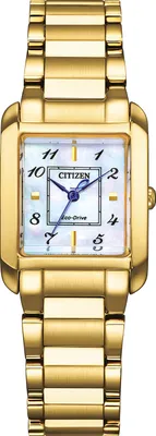 A close-up studio shot of a gold-colored women's wristwatch with a mother-of-pearl dial.