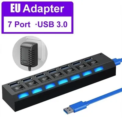 Produktbild von USB 3 Hub Splitter Adapter mit aktivem Netzteil Verteiler für PC Laptop Plug and Play für Windows Mac Linux 48 cm Kabel 7 Ports