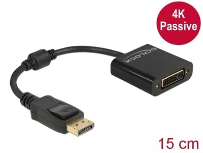 Produktbild von DeLOCK Adapter DisplayPort 1.2 Stecker zu DVI Buchse 4K Passiv schwarz, 0,15 m, DisplayPort, DVI, Männlich, Weiblich, Gerade