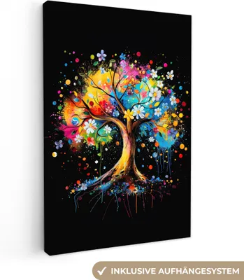 Produktbild von MuchoWow® - Leinwandbilder - Baum - Bunt - Blumen - Schwarz, Wandbild, Wanddeko Bilder Wohnzimmer, 60x90 cm