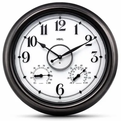 Produktbild von HSXL – Große, geräuschlose, beleuchtete Wanduhr – für drinnen oder draußen – 45 cm – wasserdicht mit intelligentem Lichtsensor (3 Modi) – Industrieuhr mit Thermometer und Hygrometer – mit Öl eingeriebenes Schwarz/Dunkelbronze