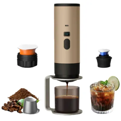 FORSMANO Tragbare Kaffeemaschine, 90 ml, 15 Bar, Kabellos, Digitale Anzeige, 7800 mAh Akku, Kompatibel mit Kapseln & Kaffeepulver, mit Ständer, Sekt