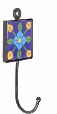 Produktbild von Wandhaken, Garderobenhaken mit Handgefertigter Blue Pottery Fliese (5*5 cm) - Modell 6, Blau, Keramik,Metall, Wandhaken aus Holz, Metall & Keramik