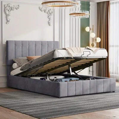 Obrázok produktu pre Manželská posteľ 140x200 cm - Čalúnená posteľ s platformovým rámom a úložným priestorom s hydraulickým systémom