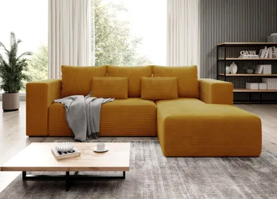 Produktbild von Easy4You Ecksofa Senf Stripes L-Form in Kord – 255 cm - Schlafsofa mit Bettzeugbehälter und Schlaffunktion - Eckcouch mit Stauraum - Rechts –  Stoff Kord POSO 01