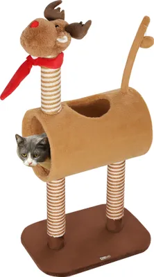 A cat tree designed to look like a reindeer, with a cat peeking out of a tunnel.