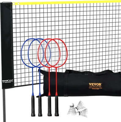 A badminton set with rackets, shuttlecocks, and a net.