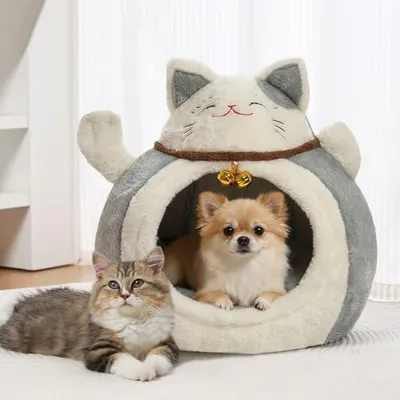 Produktbild von Warmes, weiches Winter-Katzenbett als halbgeschlossene Höhle für Welpen und Katzen im kalten Wetter