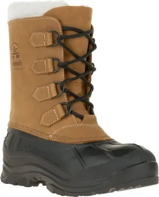 A single tan and black winter boot is shown against a white background.