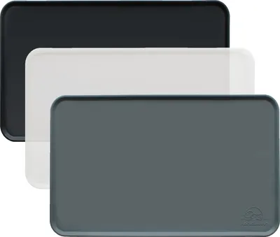 Three rectangular mats are stacked on top of each other against a white background. The top mat is black, the middle mat is white, and the bottom mat is gray. The gray mat has a small logo in the bottom right corner.