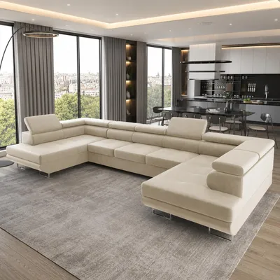 Produktbild von GOLDSTOFF ASTON U-Sofa mit Schlaffunktion und Bettkasten XXL | Ecksofa U-Form mit Komfort-Polsterung | Schlafsofa mit Stauraum (Beige)