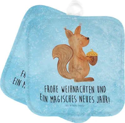Produktbild von Mr. & Mrs. Panda Topflappen Eichhörnchen Weihnachtszeit - Eisblau - Geschenk, Ofenlappen, Kochlappen, Frohes Neues Jahr, Frohe Weihnachten, Topfuntersetzer, Vogel, Set