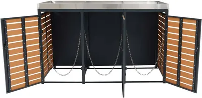 Obrázok produktu pre kryt 3 košov HWC-K14, box na odpadky s boxom na sadenie, 124x200x84cm WPC nerezová oceľ 107kg ~ vzhľad teakového dreva