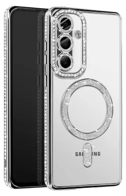 A clear product shot of a phone case with decorative elements.