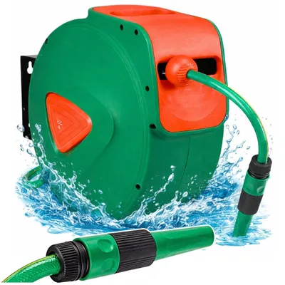 Image de Bobine automatique murale pour tuyau d'arrosage, avec tuyau de jardin de 30 mètres + 2 mètres